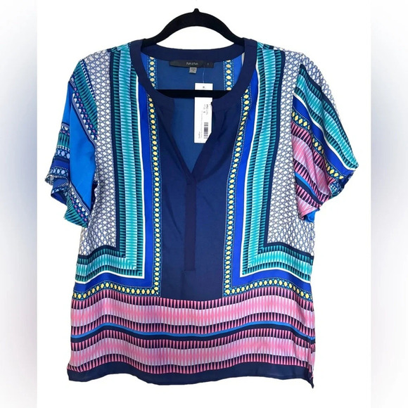NWT Scarf Print Short-Sleeve Blouse by Fun 2 Fun navy pink teal satin Stitchfix - Picture 2 of 14